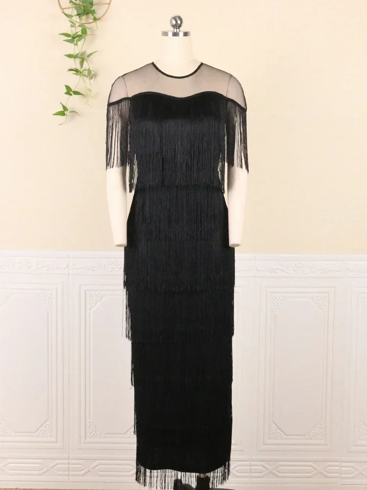 2024 Women Fringe Party Dresses Elegant Net Shoulder Sleeveless Large Size Long  Dress for Birthday Dinner Event Wedding Guest