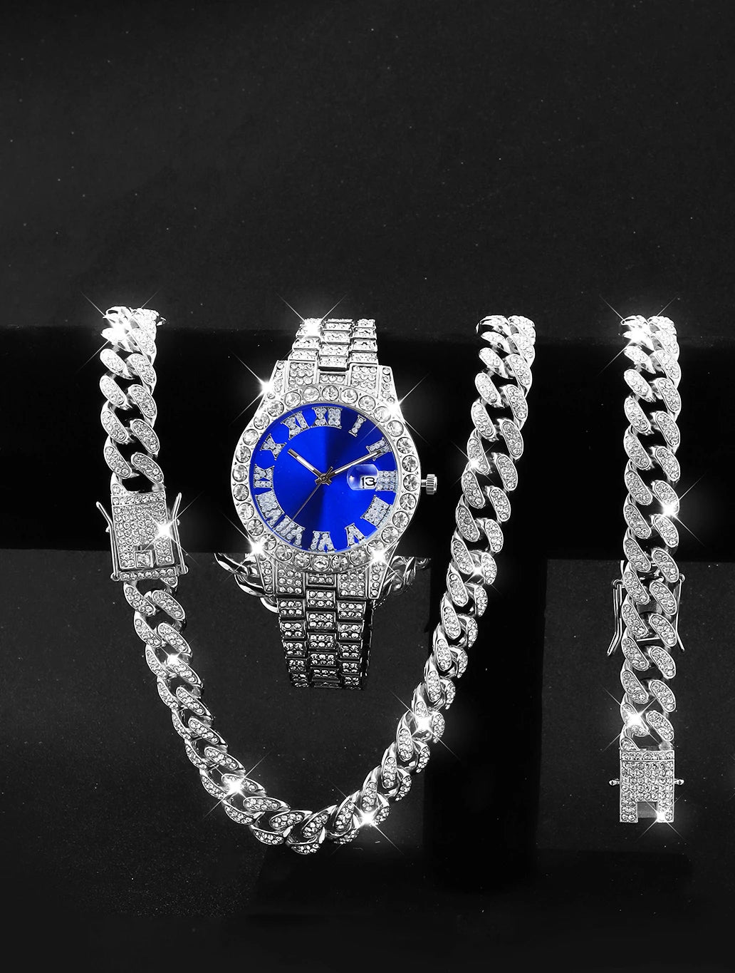 3PCS luxury alloy full diamond rhinestone mirror men's quartz watch with calendar and Hip Hop Cuban Necklace bracelet set
