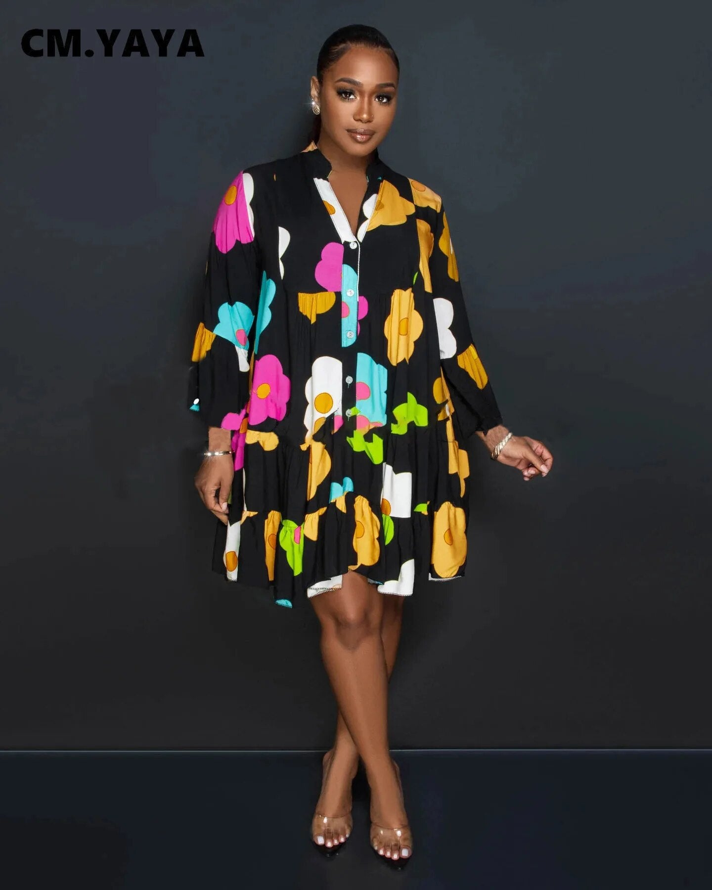 Women Floral Printed Lantern Long Sleeve Single Breasted Loose Shirt Style Babydoll Dress
