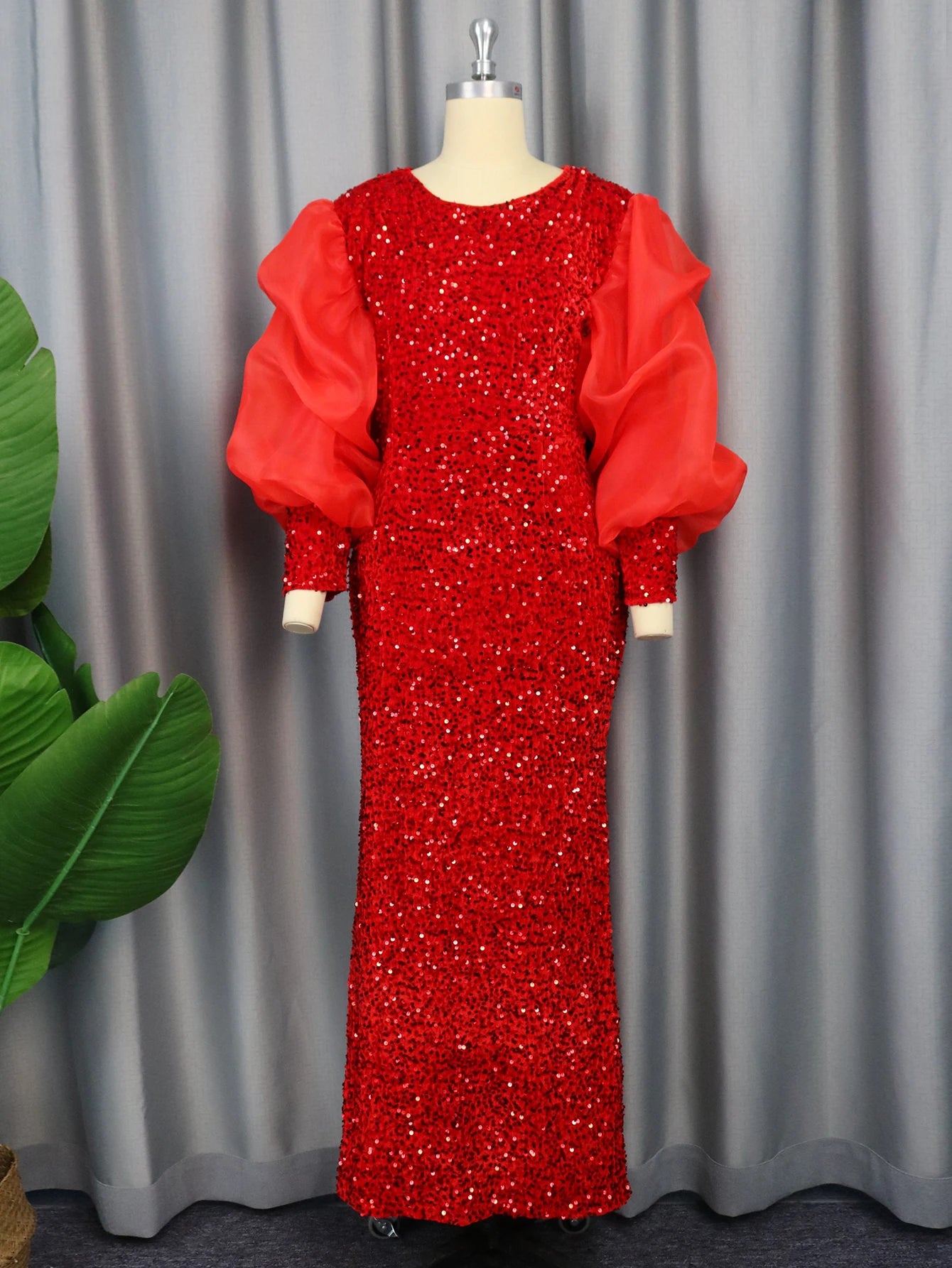 Women Sequin Floor Length Dress Puffy Ruched Long Sleeve Crew Neck Sparkly Glitter Velvet Formal Party Evening Gowns