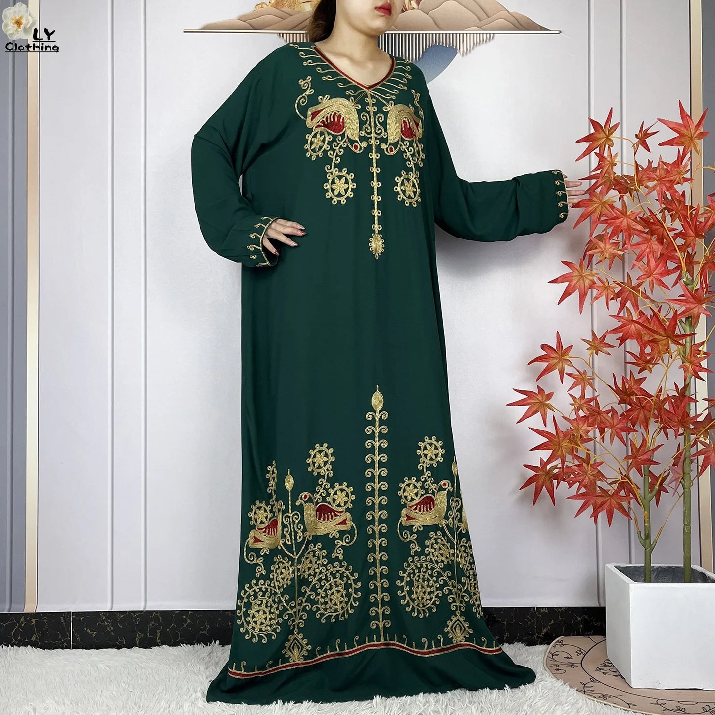 Women Abaya Clothing Floral Embroidery Cotton Long Sleeved Dresses Loose Robe With Headscarf