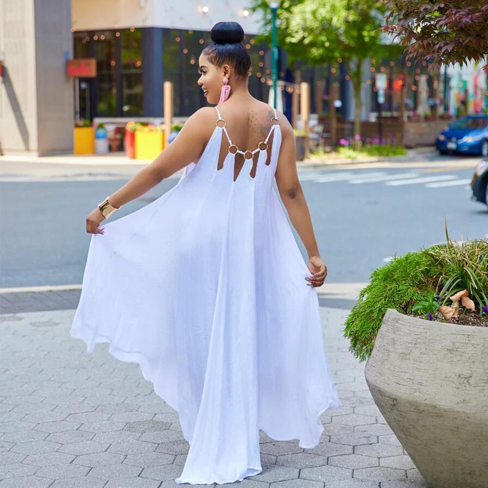 Summer New Women's Fashion Sexy Sleeveless Open Back Long Street Dress Solid Loose Pullover Metal Decoration Dress
