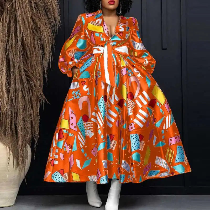 Plus Size VONDA Elegant Women Satin Dress V-neck Bohemian Ruffled Long Dress Floral Printed Puff Sleeve Casual Sundress Belted