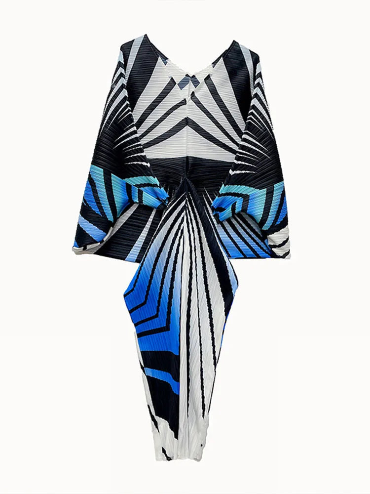 Zebra Stripes Pleated Dress Women Batwing Sleeves V Neck Long Length Party Dresses