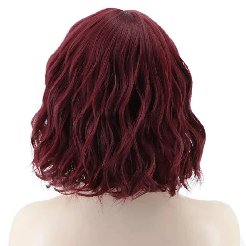 Women Wigs Curly Short Bob with Bangs Wine Red Heat Resistant