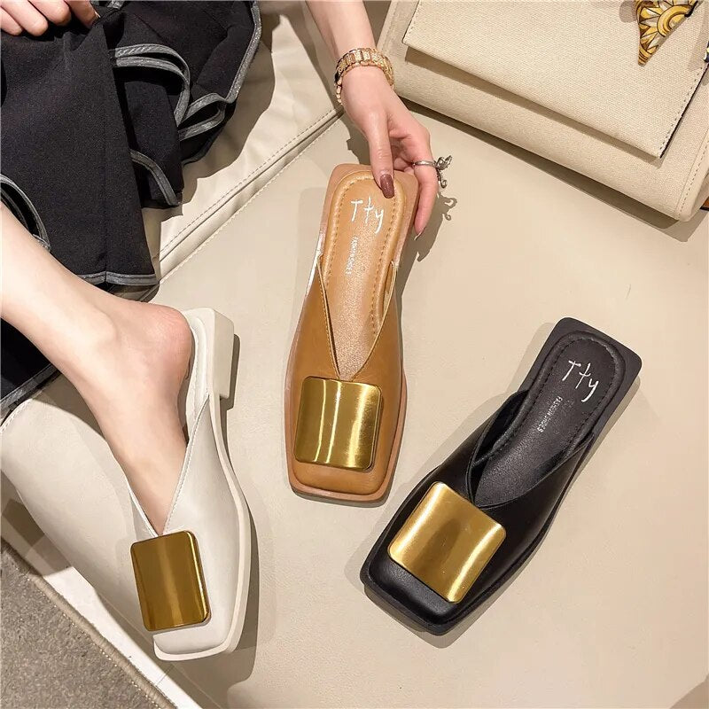 Women Slippers Mules Flat Heels Square Toe Shallow Shoes Outdoor Slide Casual Sandal