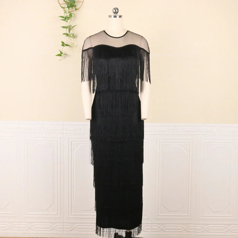 2024 Women Fringe Party Dresses Elegant Net Shoulder Sleeveless Large Size Long  Dress for Birthday Dinner Event Wedding Guest