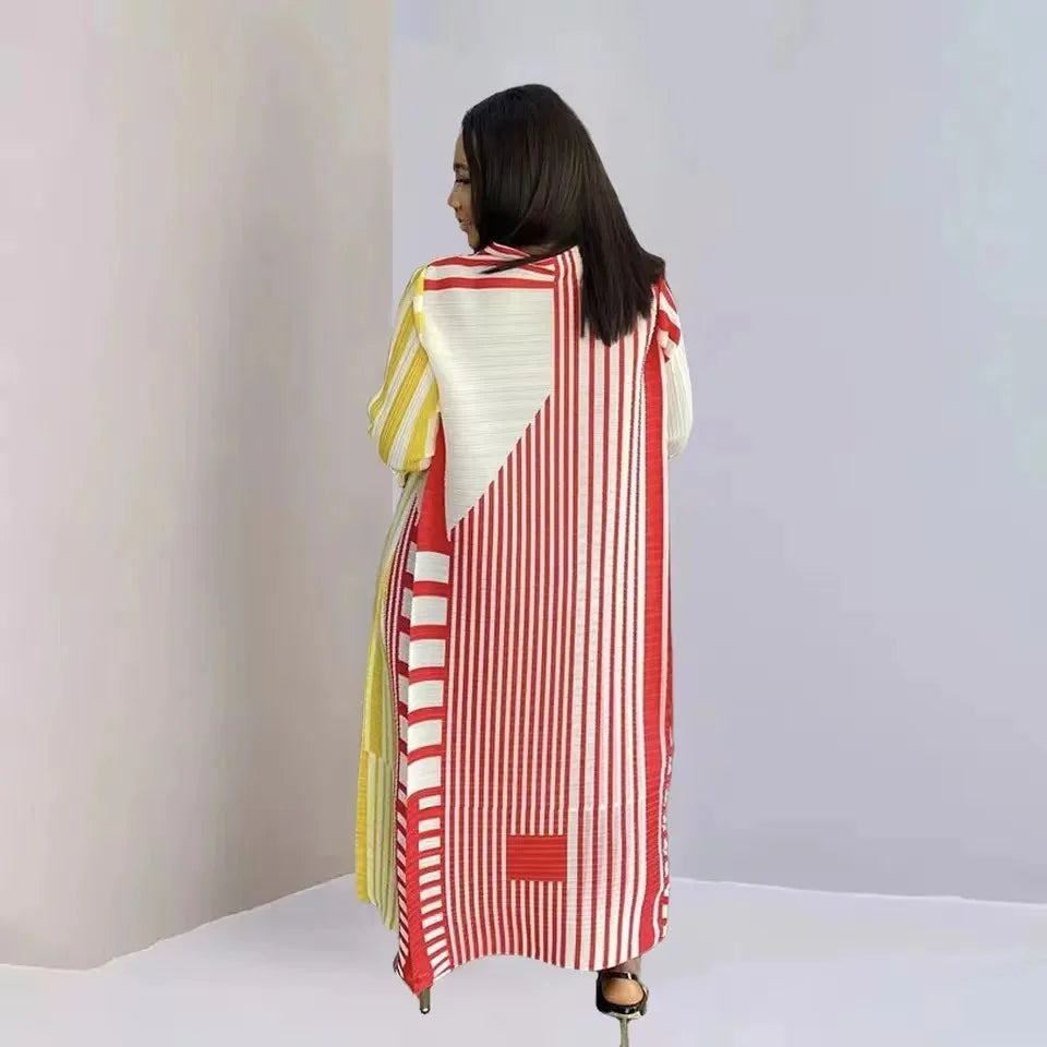 New Miyake Pleated Stripe Print Dress Fashion Relaxed Party Temperament Long Dress Spring Elegant Women's