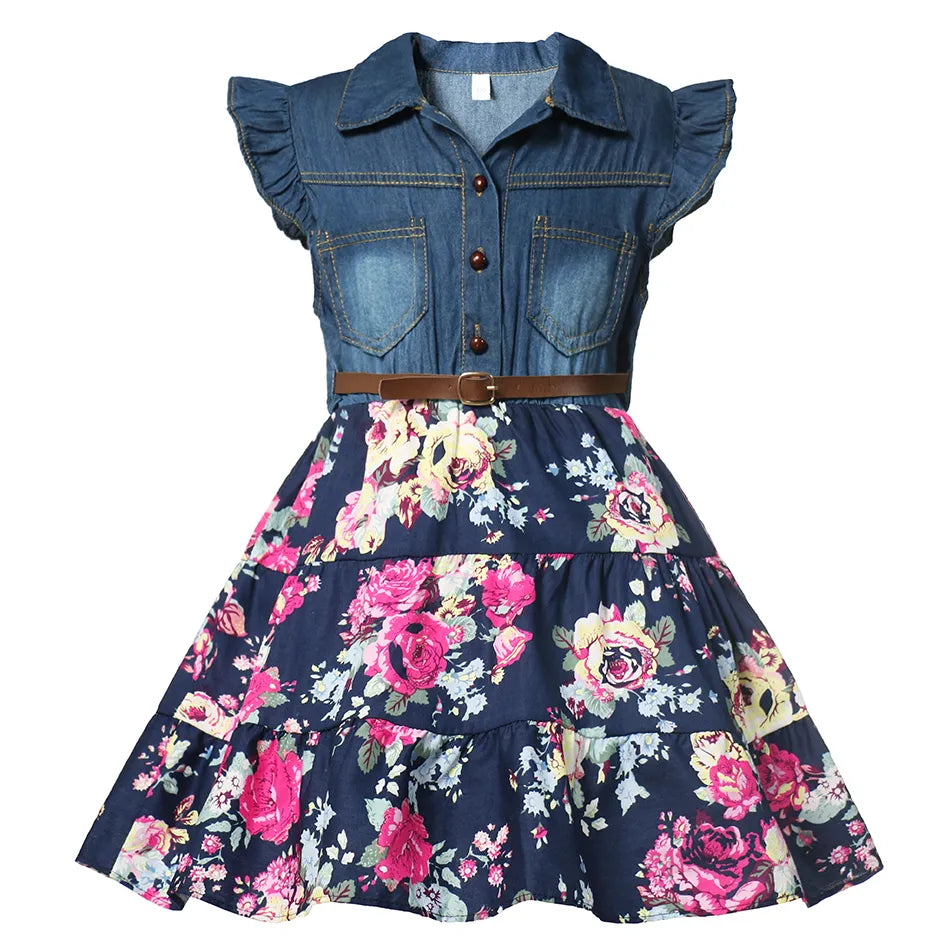 Summer Girls Denim Floral Dress Short Sleeve Casual Clothes
