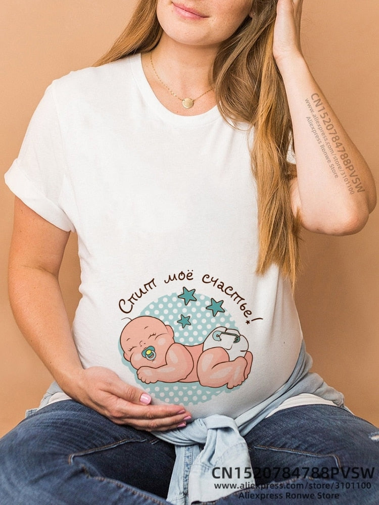 Maternity Clothes Casual Pregnancy T Shirts Baby Print Funny Women Summer Tees Tops White
