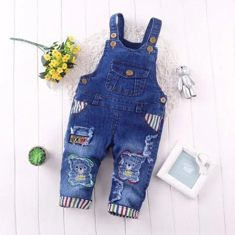 DIIMUU Toddler Baby Clothing Boys Overalls Girl Denim Bib Pants Cartoon Bear Cute Casual Dungarees Long Trousers Fashion Rompers