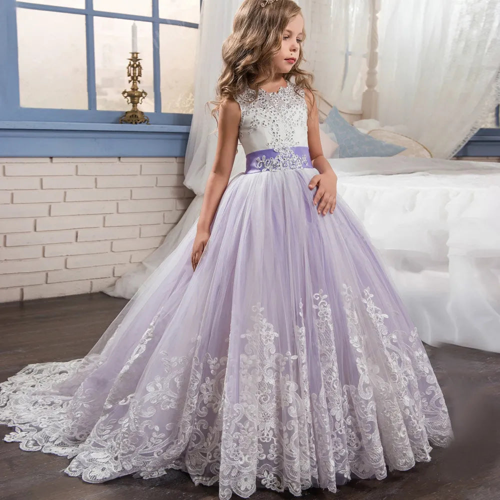 Girls Lace Long Prom Gowns Bridesmaid Kids Dresses