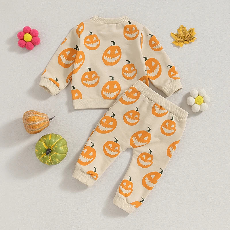 Baby Girls Boys Clothes Set Halloween Pumpkin Print Long Sleeve Crew Neck Sweatshirt with Elastic Waist Sweatpants Fall Clothes