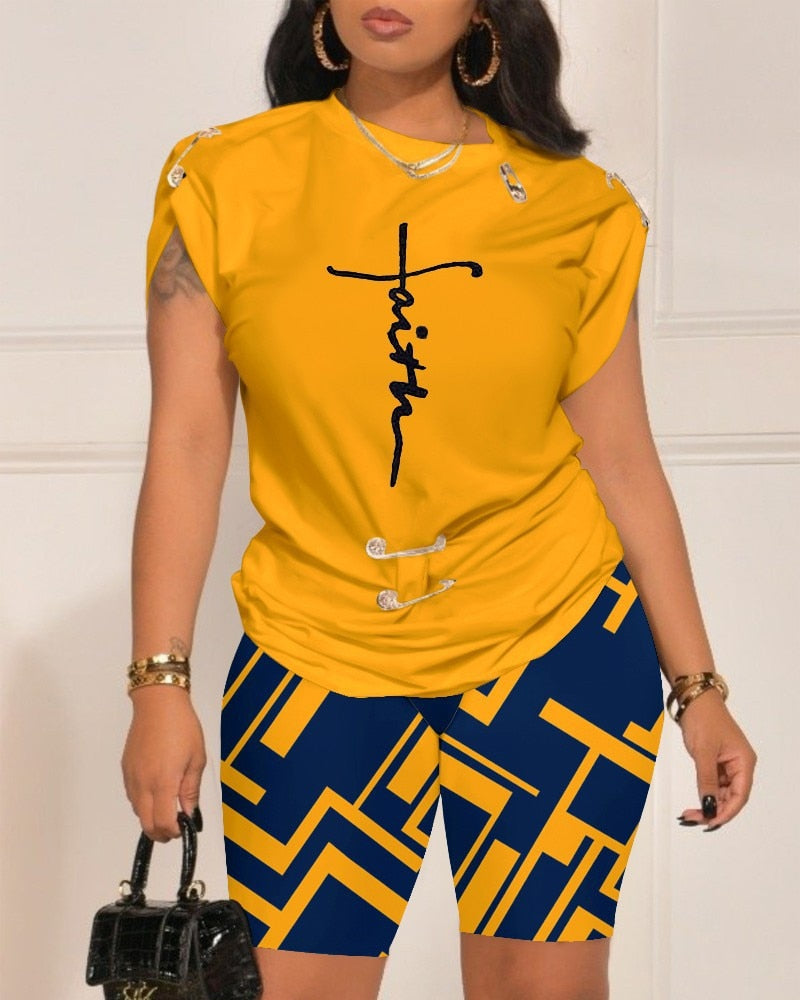 Summer Women New Set Fashion Round Neck Printed Pin Top Shorts Casual Sports Elegant Women Set Two Piece-Top Super Deals-Free Item Online