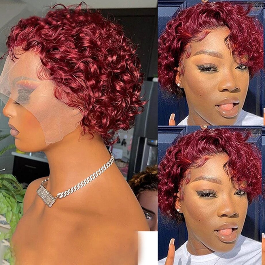 Pixie Cut Wig 99J Deep Wave Lace Wig Afro Curly Short Bob Human Hair