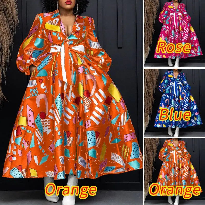 Plus Size VONDA Elegant Women Satin Dress V-neck Bohemian Ruffled Long Dress Floral Printed Puff Sleeve Casual Sundress Belted