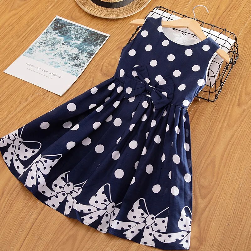 Girls Polka-Dot Dress Summer Sleeveless Bow Ball Gown