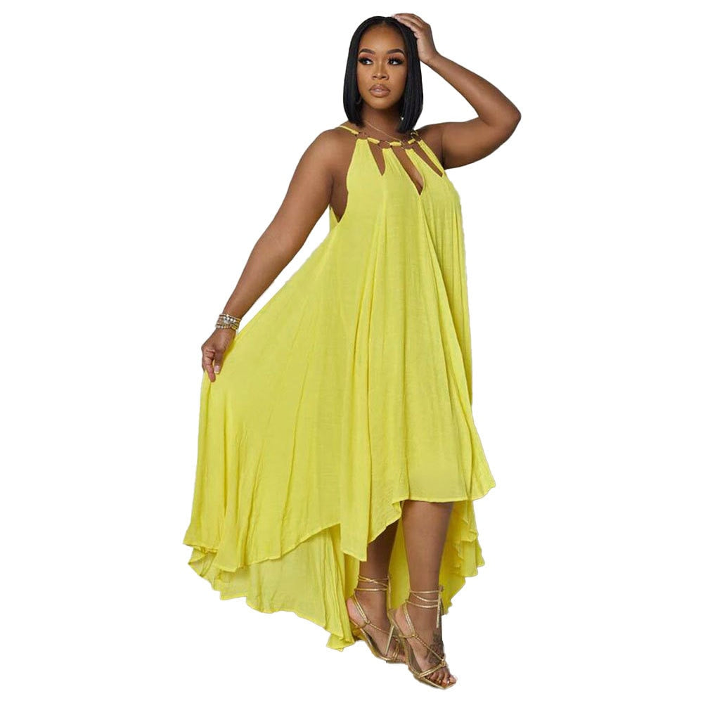Summer New Women's Fashion Sexy Sleeveless Open Back Long Street Dress Solid Loose Pullover Metal Decoration Dress