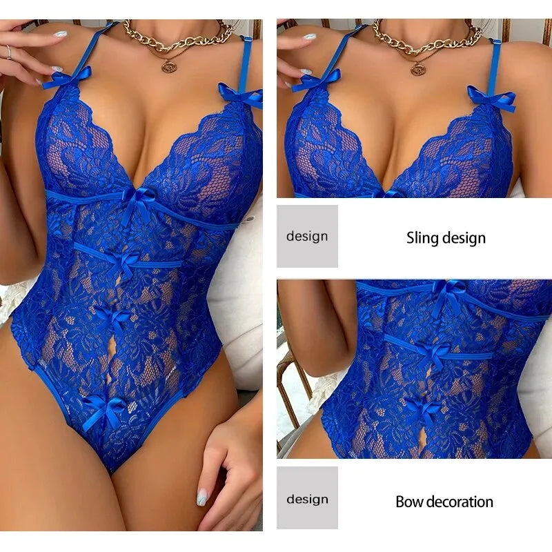 Women's Lace Flower Embroidery Sleeveless Camisole Jumpsuit Women's V-Neck Camisole Bow Decoration Backless Jumpsuit
