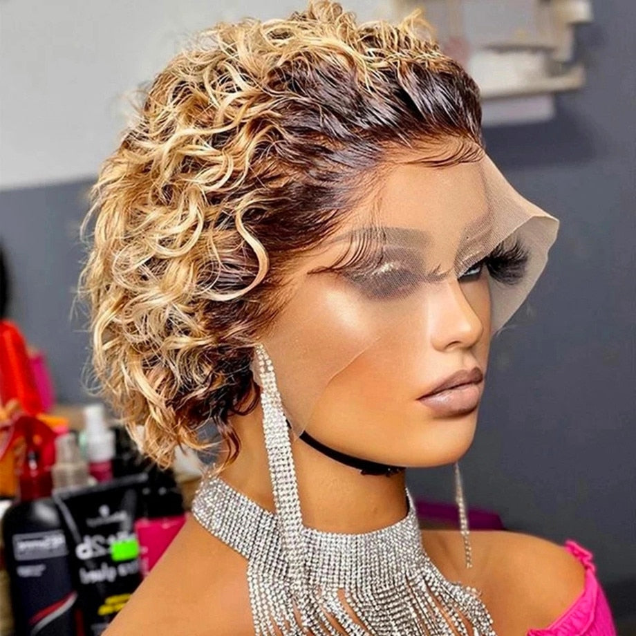 Pixie Cut Wig 99J Deep Wave Lace Wig Afro Curly Short Bob Human Hair
