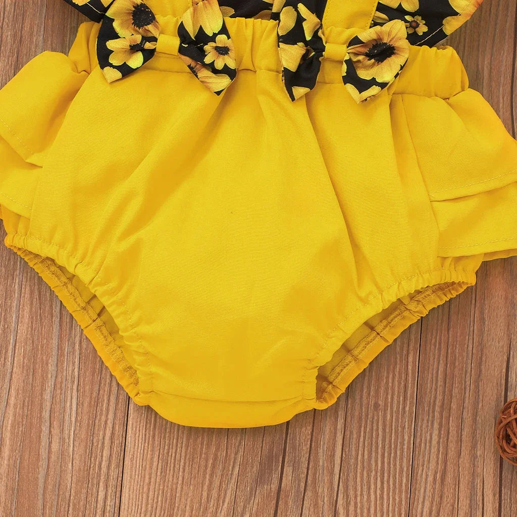 Baby Girl Sunflower Floral Print Splice Yellow Layered Sleeveless Ruffle Romper with Headband Set