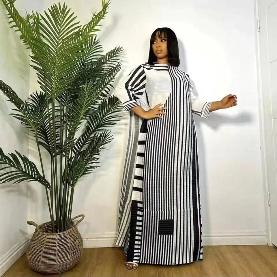 New Miyake Pleated Stripe Print Dress Fashion Relaxed Party Temperament Long Dress Spring Elegant Women's