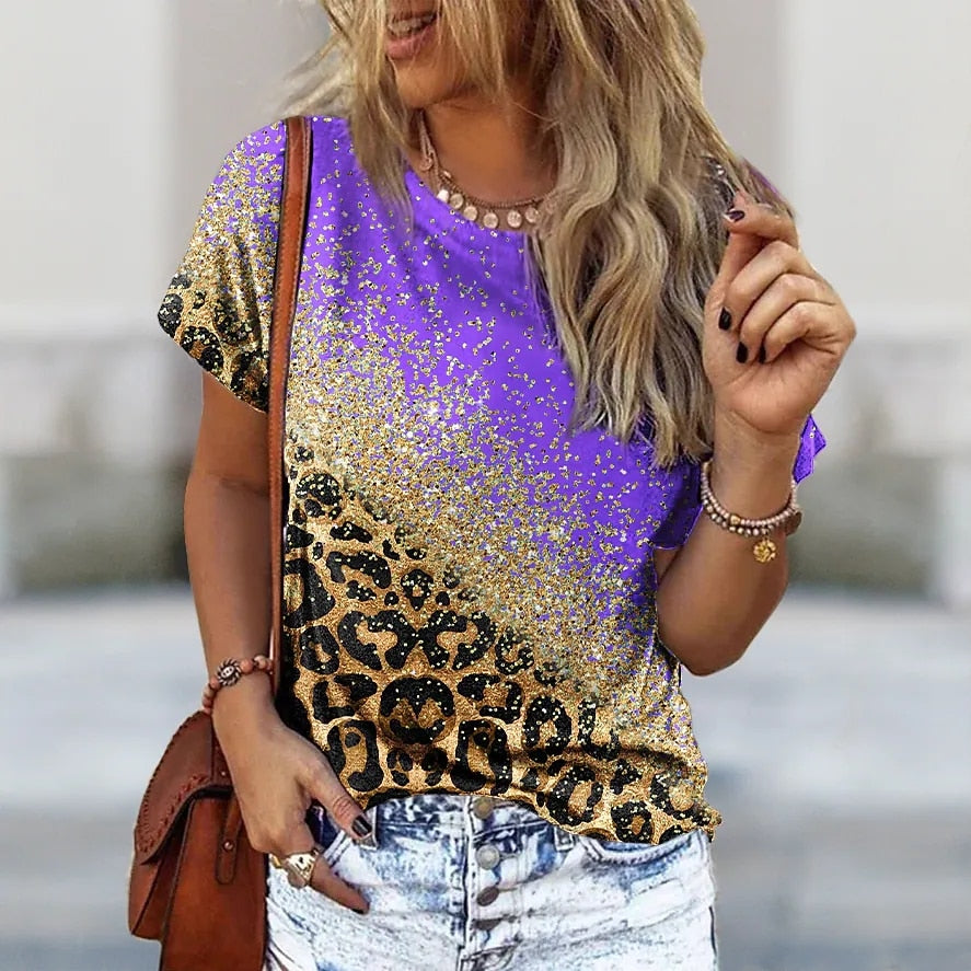 T-shirt O Neck Leopard Print Short Sleeve Clothing Streetwear Hip-Hop Top Vintage Sexy Pullover T Shirt Girls