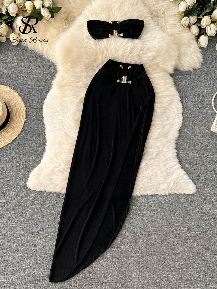 Irregular Women Summer Sets Party Slim Elastic Waist Ladies Romantic Sexy Two Piece Sets