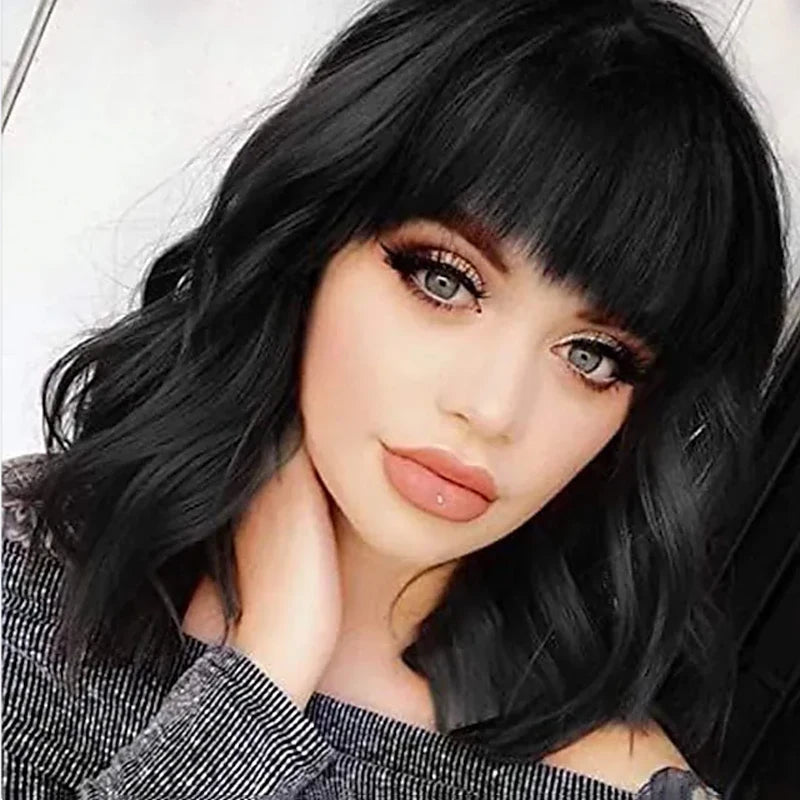 Women Wigs Curly Short Bob with Bangs Wine Red Heat Resistant