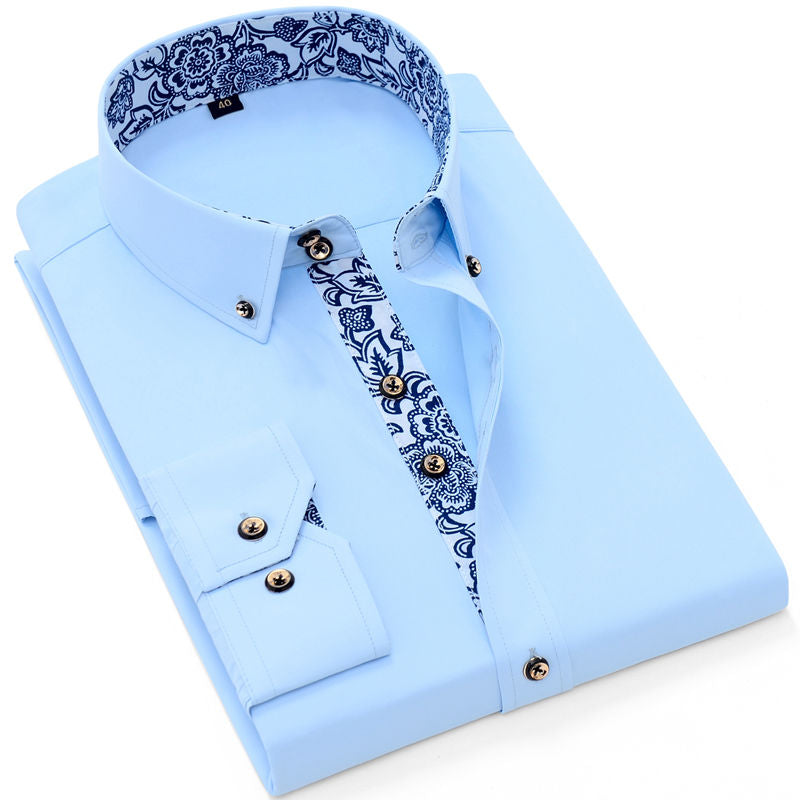 Blue-and-white Porcelain Collar Shirt Men Long Sleeve SlimFit Casual Business Dress Shirts Solid Color White Shirt Cotton