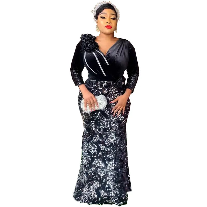 2023 Velvet African Dresses for Women Africa Women Long Sleeve V-neck Plus Size Flower Sequin Evening Party Long Dress