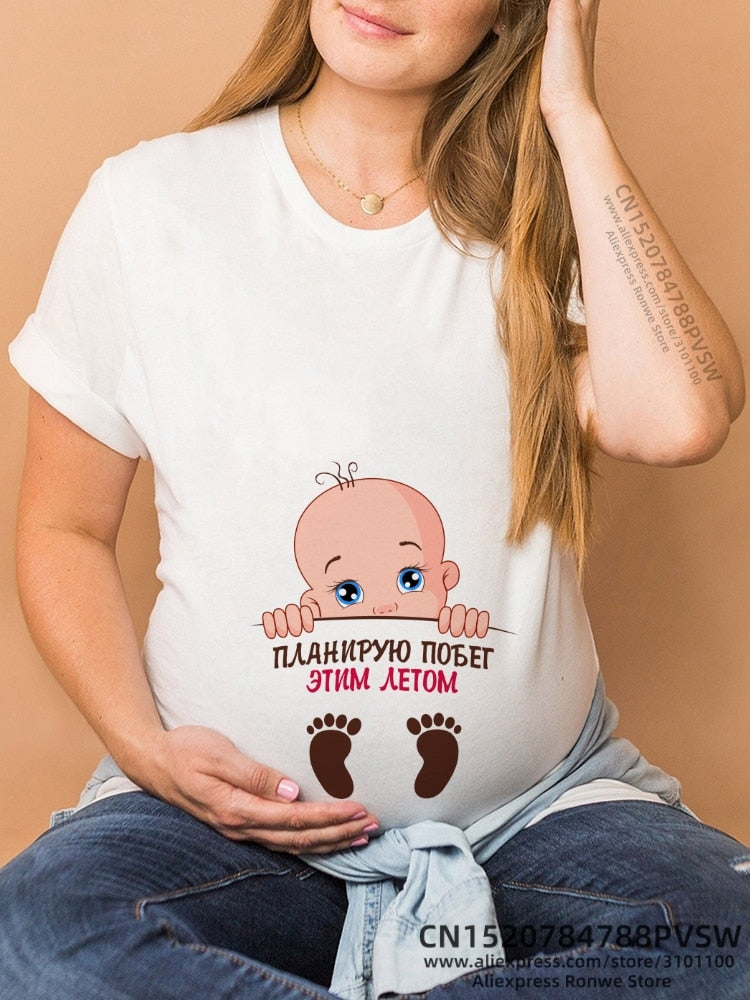 Maternity Clothes Casual Pregnancy T Shirts Baby Print Funny Women Summer Tees Tops White