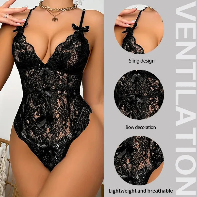 Women's Lace Flower Embroidery Sleeveless Camisole Jumpsuit Women's V-Neck Camisole Bow Decoration Backless Jumpsuit