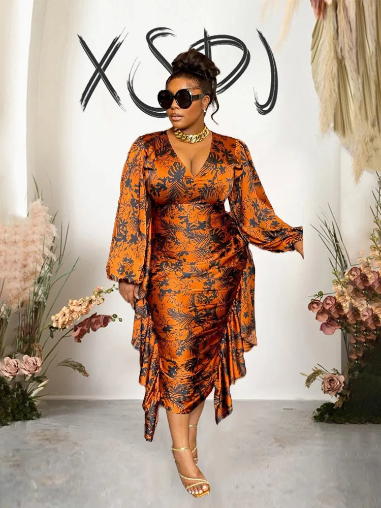 Womens Dresses Long Sleeved Ruffle Drape Dress V Neck Sexy Curvy Dresses Plus