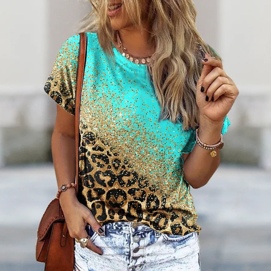 T-shirt O Neck Leopard Print Short Sleeve Clothing Streetwear Hip-Hop Top Vintage Sexy Pullover T Shirt Girls