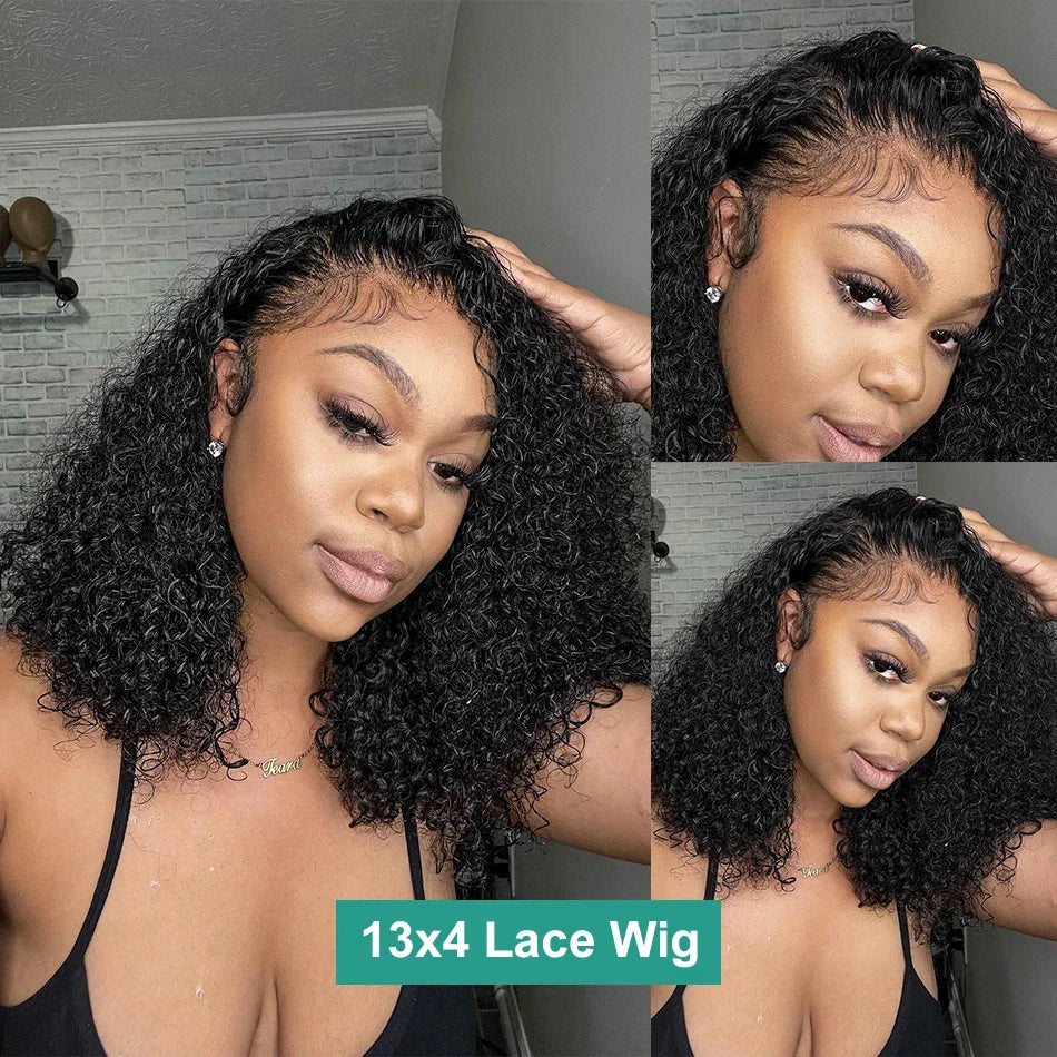 Jerry Curly Short Bob Wig 13x4 Bob Wigs Brazilian Water Deep Wave Human Hair Wigs Natural Black Preplucked For Black Woman Pixie