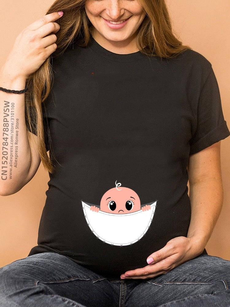 Maternity Clothes Casual Pregnancy T Shirts Baby Print Funny Women Summer Tees Tops White