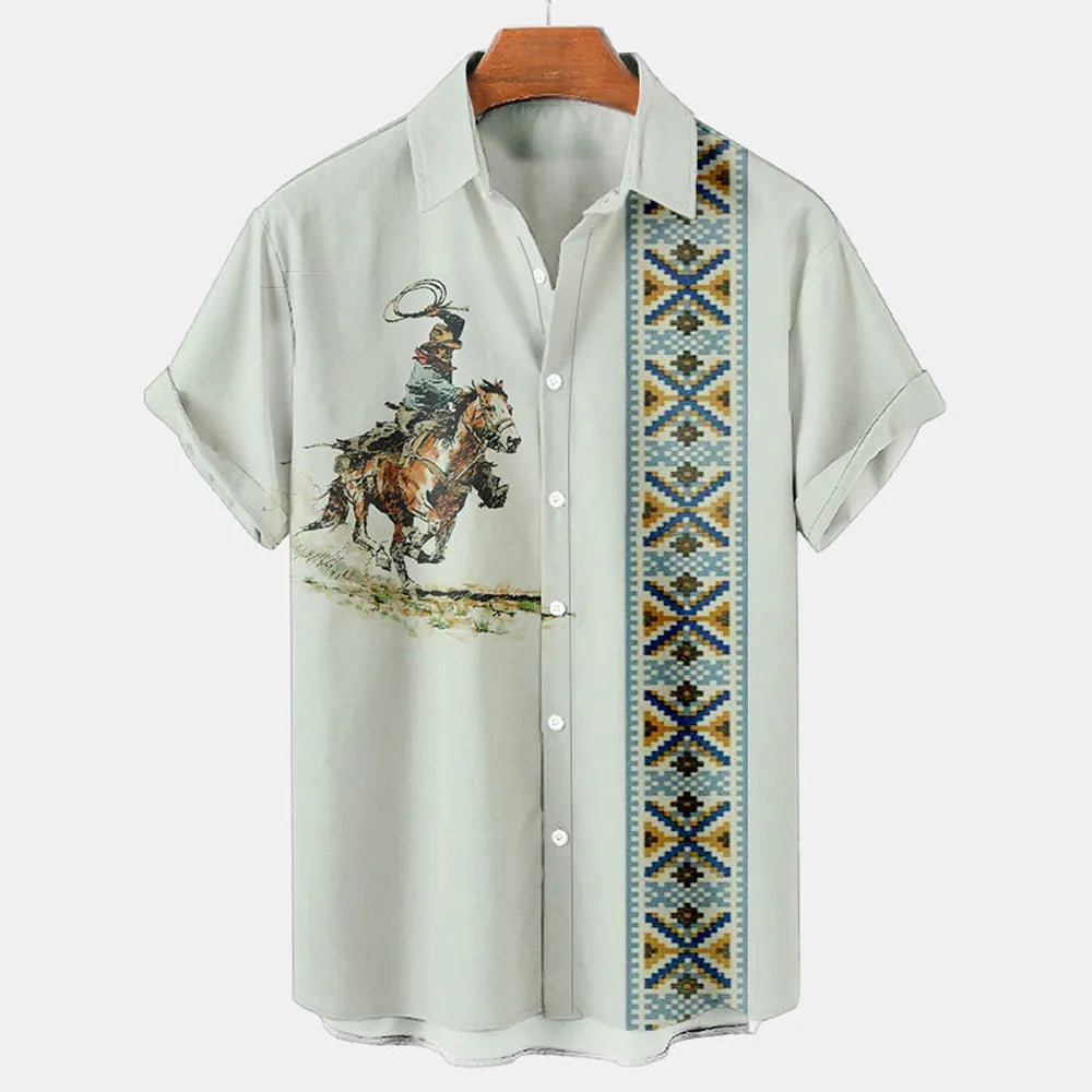 Men Vintage Ethnic Hawaiian 3D Print Short Sleeve Lapel Button Streetwear