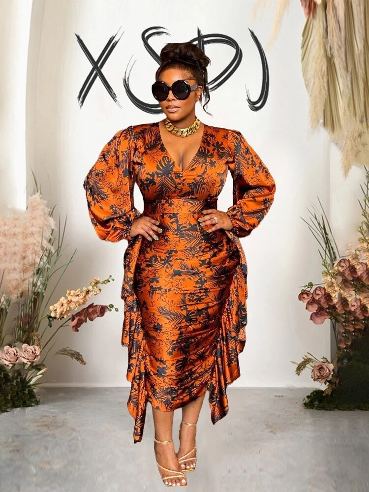 Womens Dresses Long Sleeved Ruffle Drape Dress V Neck Sexy Curvy Dresses Plus