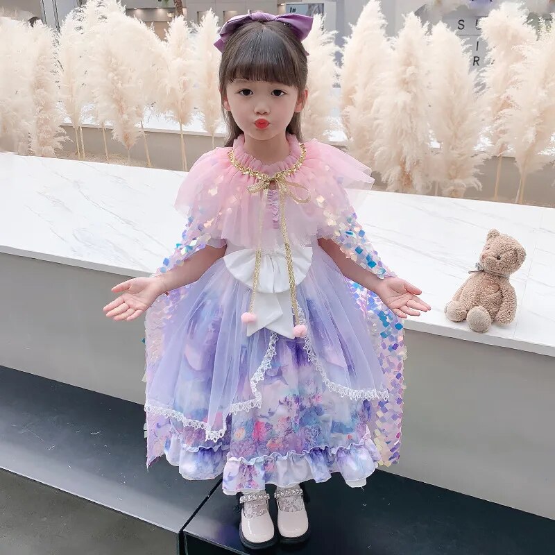 Girls Little Mermaid Cloak Children Cloak Kids Shiny Bright Party Costume Girl Dress up