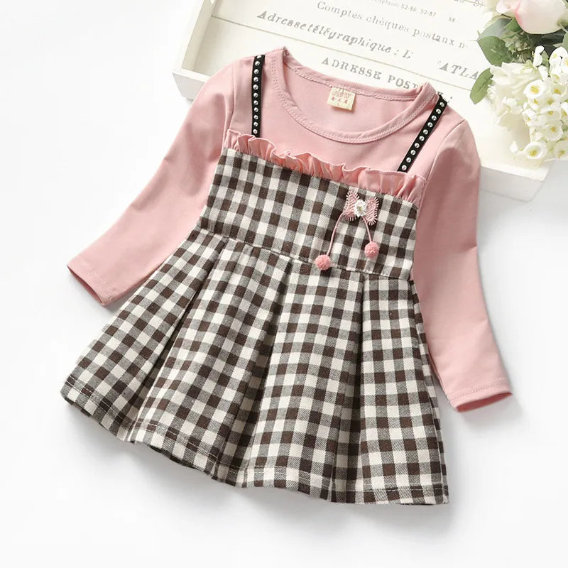 Autumn baby girls rivet plaid long-sleeved dresses Toddler