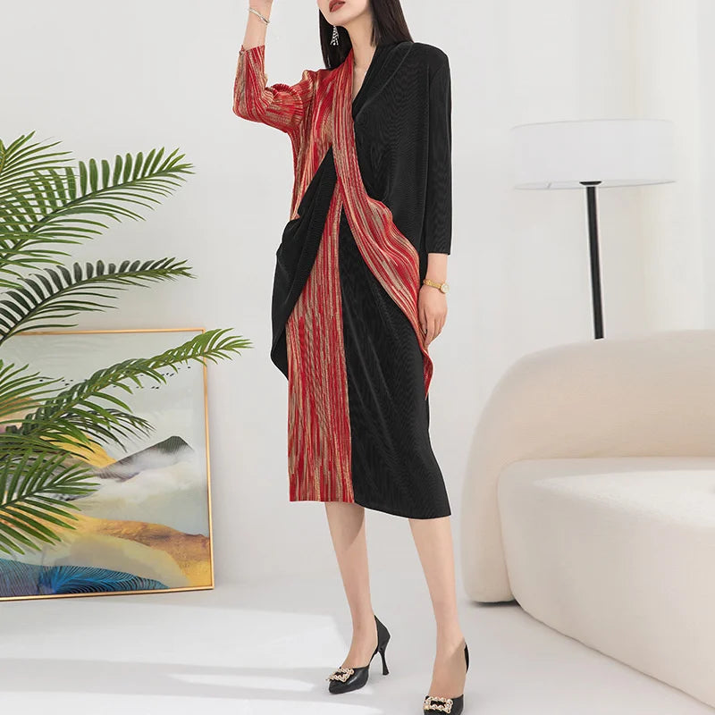 Pleated Elegant Dress V-neck Stretch Retro Plump Fashion Women's Wear