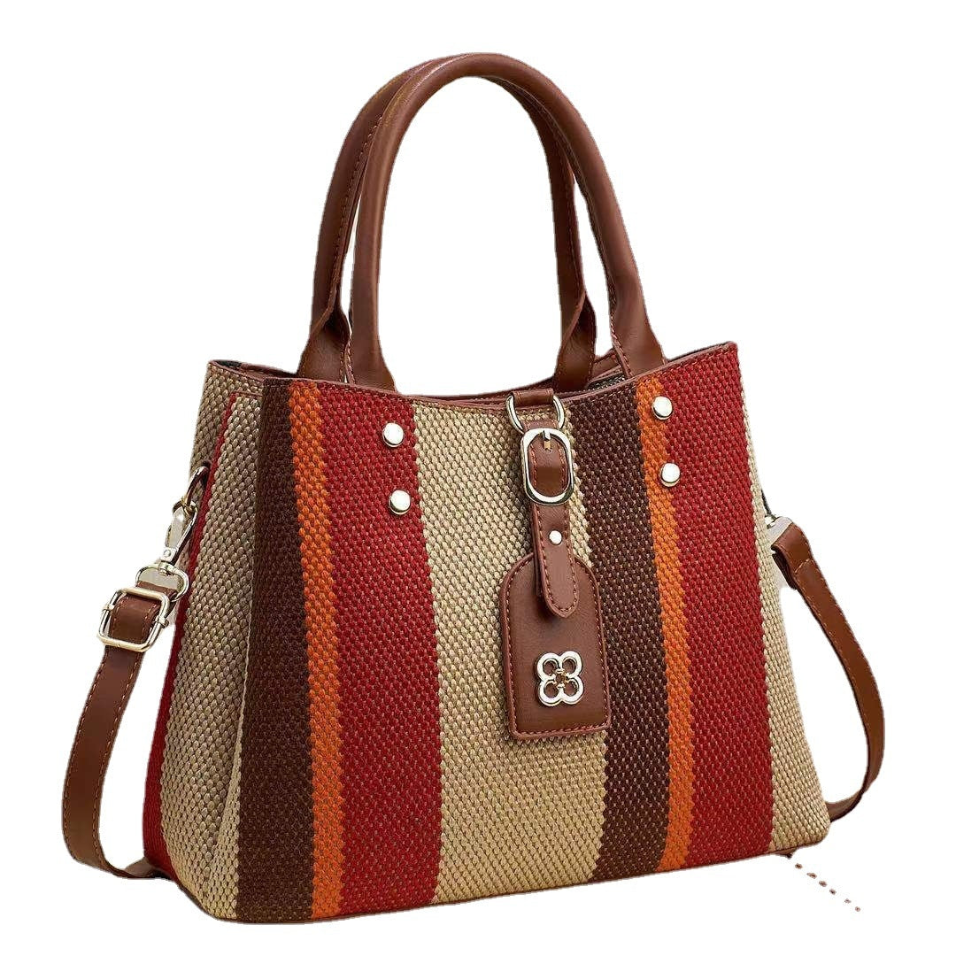 Business Women's New Handheld Crossbody Shoulder Tote Bag Striped Fashion Large Capacity Contrast Color Portable Satchel Handbag