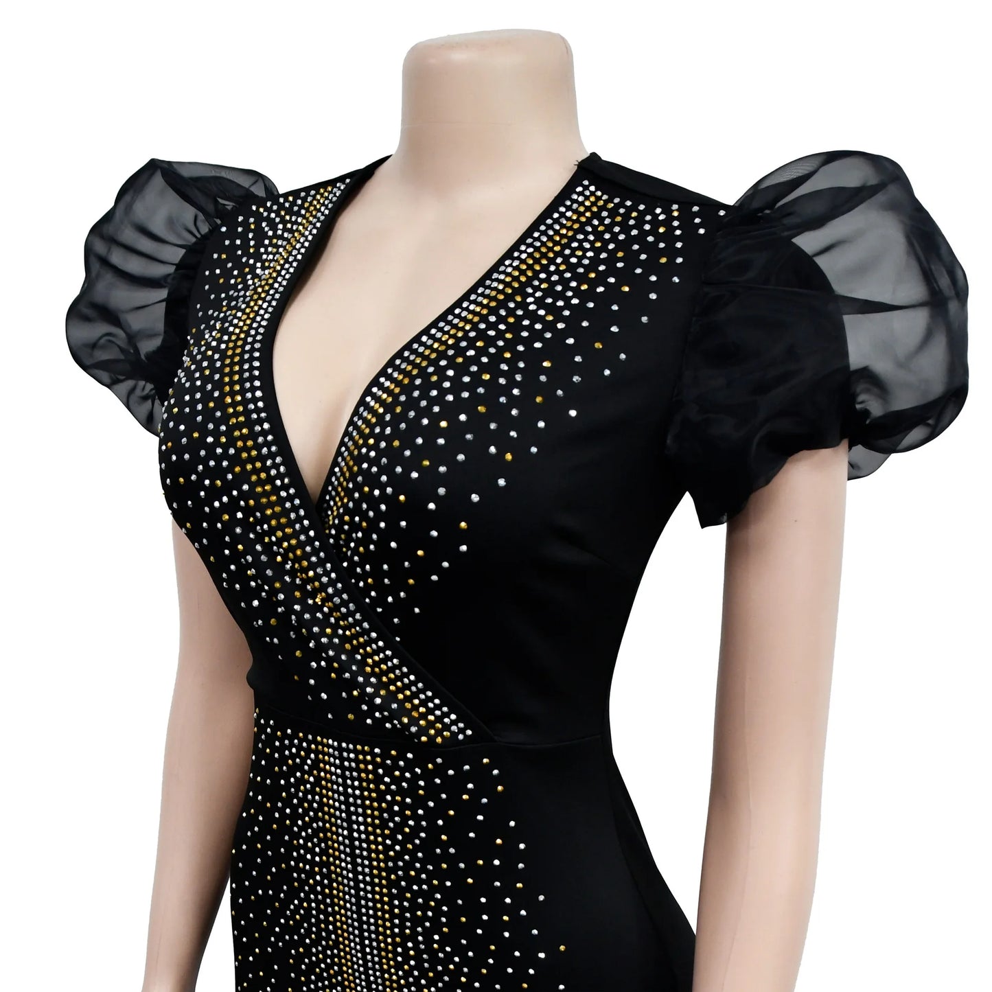 2023 Women Luxury Diamonds Hot Drill Wrap V-neck Puff Short Sleeve Bodycon Midi Maxi Dress Sexy Night Club Birthday Vestidos