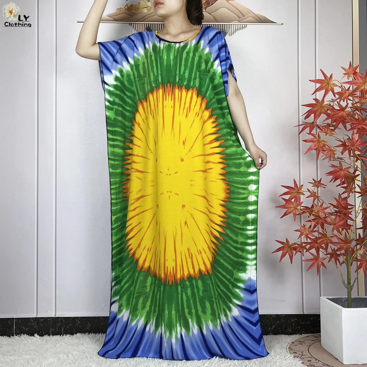 Women Short Sleeve Cotton Loose Femme Robe Dresses With Big Scarf