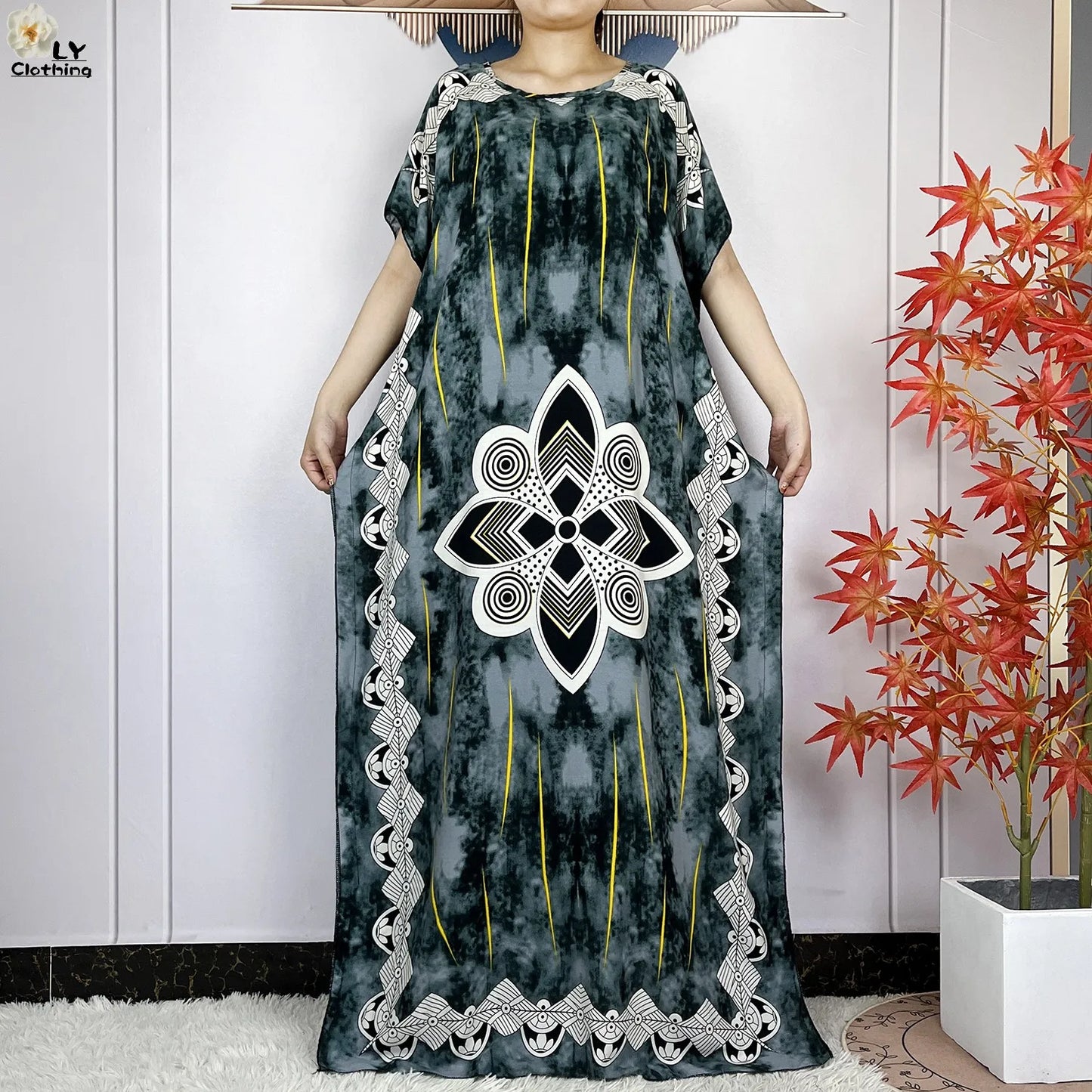 Women Short Sleeve Cotton Loose Femme Robe Dresses With Big Scarf