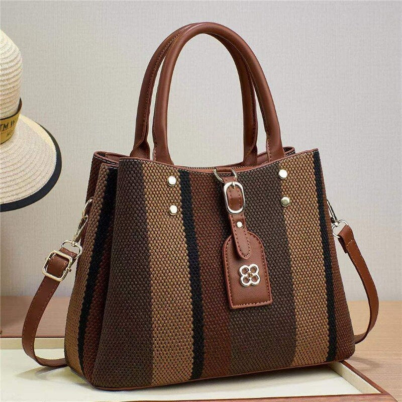 Business Women's New Handheld Crossbody Shoulder Tote Bag Striped Fashion Large Capacity Contrast Color Portable Satchel Handbag