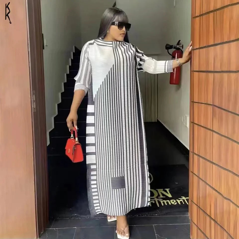 New Miyake Pleated Stripe Print Dress Fashion Relaxed Party Temperament Long Dress Spring Elegant Women's