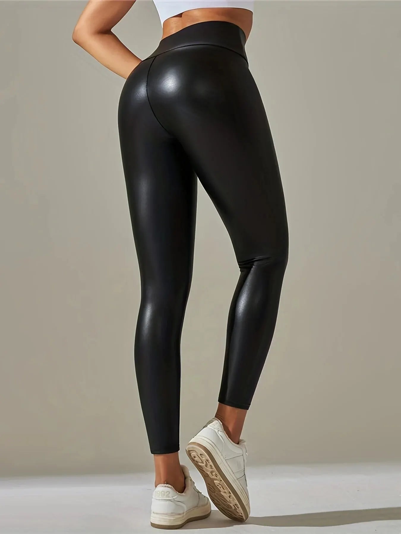 Gothic Solid PU Leather High Waist Leggings, Casual Skinny Long Length Sexy Leggings, Women's Clothing