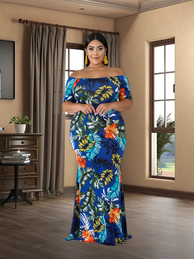 Plus Size Short Sleeved Floral Women Robe Soirée Femme